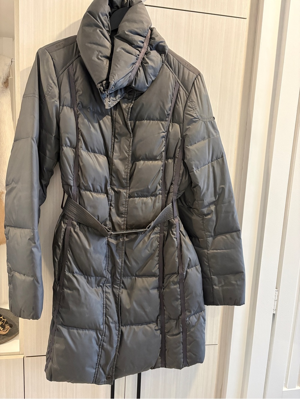 Geox Quilted Long Puffer Coat in Charcoal Gray